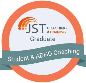 JST Coaching & Training Graduate badge with a teal ribbon reading "Student & ADHD Coaching".