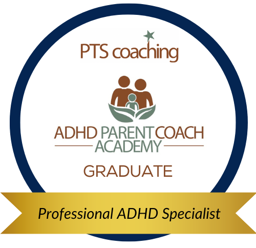 Certificate or diploma with an ADHD coaching theme, featuring a tree with people at the center, and text indicating a graduate from PTS Coaching ADHD Parent Coach Academy, with a banner that says professional ADHD specialist.