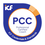 ICF PCC logo, Professional Certified Coach badge with blue, orange, and black colors