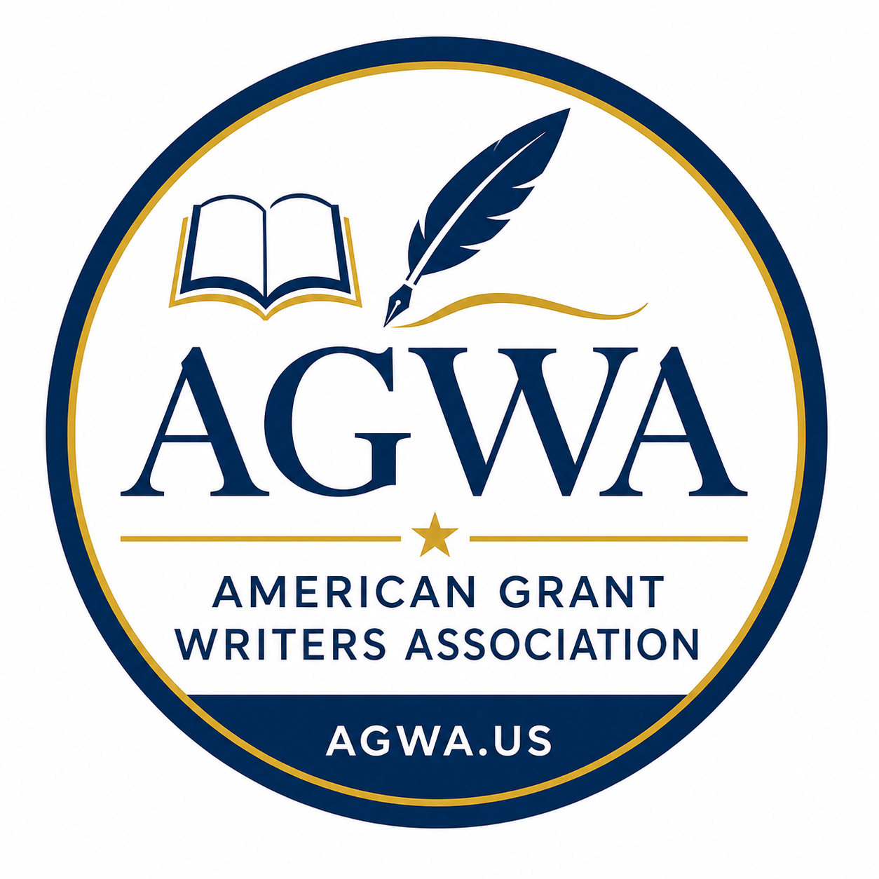 Logo of the American Grant Writers Association (AGWA) featuring a book and quill, with the text 'AGWA' and 'AMERICAN GRANT WRITERS ASSOCIATION' and the website 'AGWA.US'.