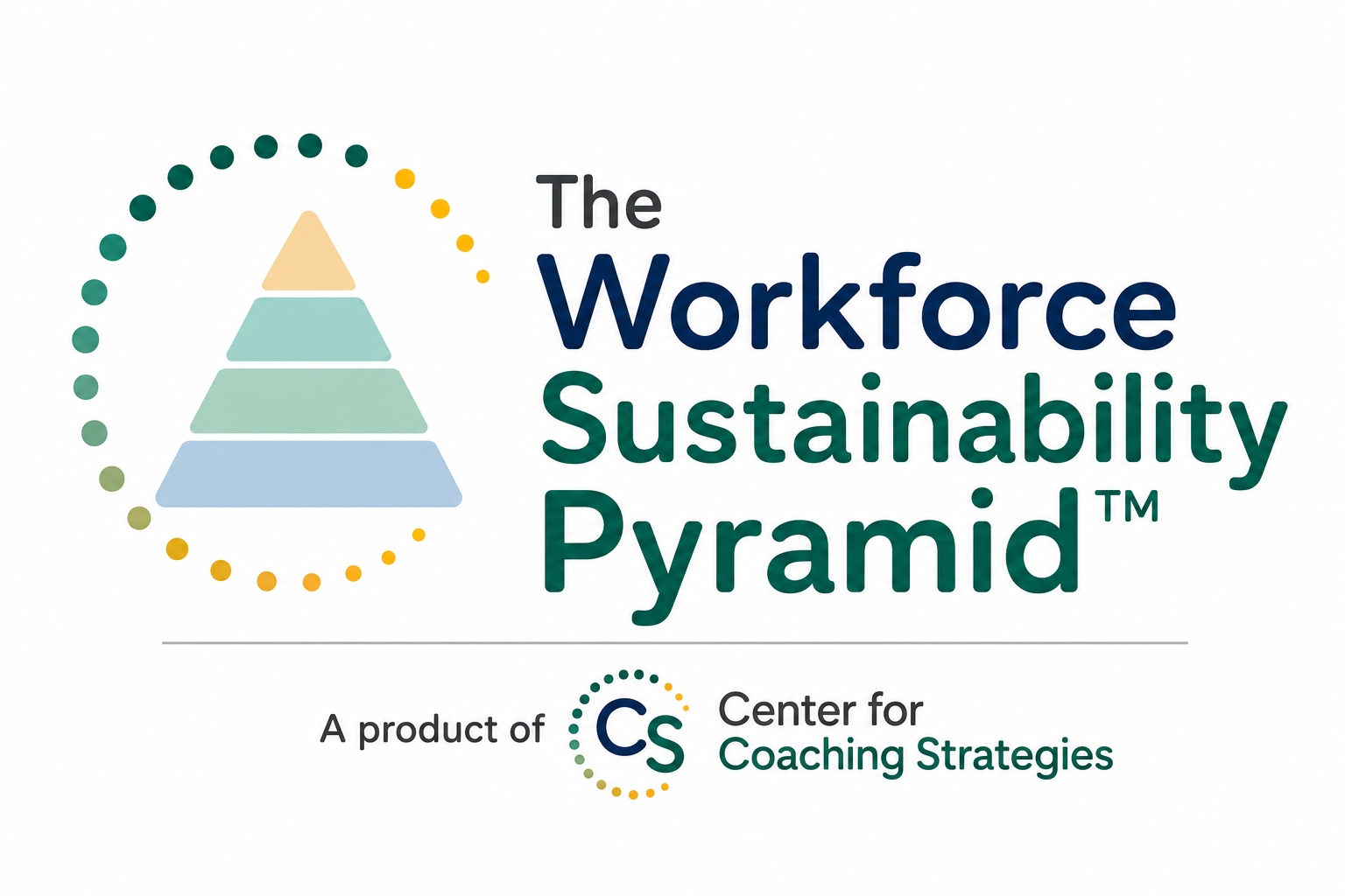 The logo of The Workforce Sustainability Pyramid, featuring a stylized pyramid with layered colors from beige to blue, encircled by dotted line, with text indicating it is a product of Center for Coaching Strategies.