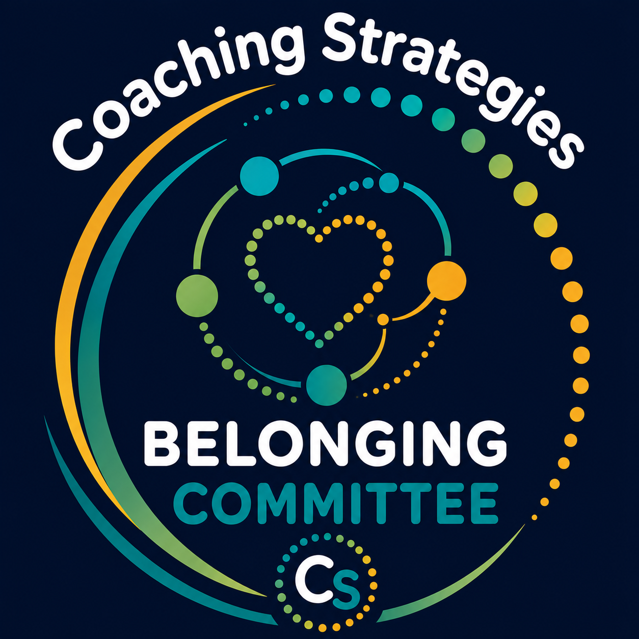 Logo for Coaching Strategies Belonging Committee, featuring a heart surrounded by colorful dotted circles and orbital lines on a dark background.