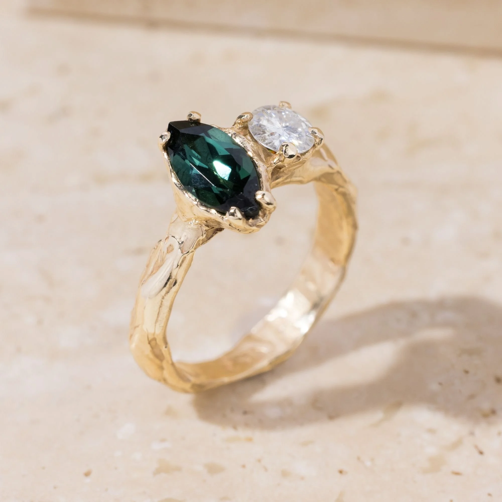 Teal Tourmaline & Lab Diamond Gold Ring - 9ct Gold