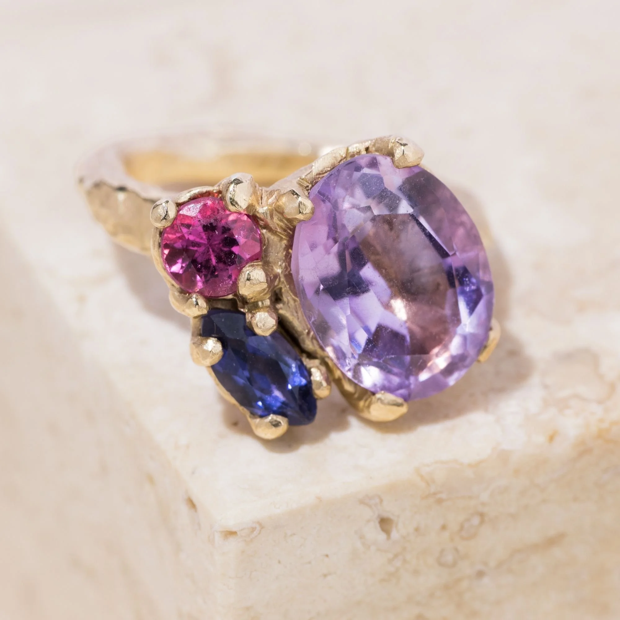 Amethyst, Iolite & Rubelite Cluster Gold Ring - 9ct Gold