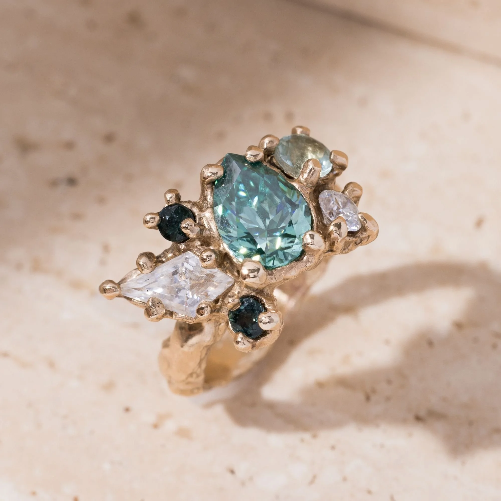 Green Moissanite & Sapphire Cluster Ring - 9ct Gold