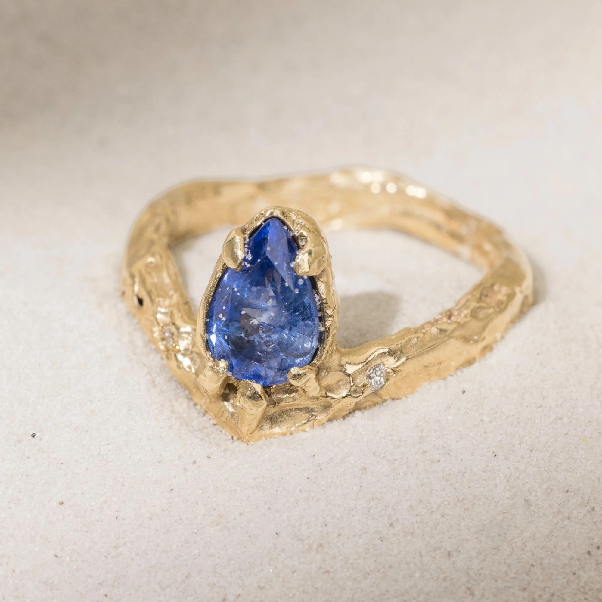 Sapphire Deep Ocean Drop Ring with Diamonds - 9ct Gold