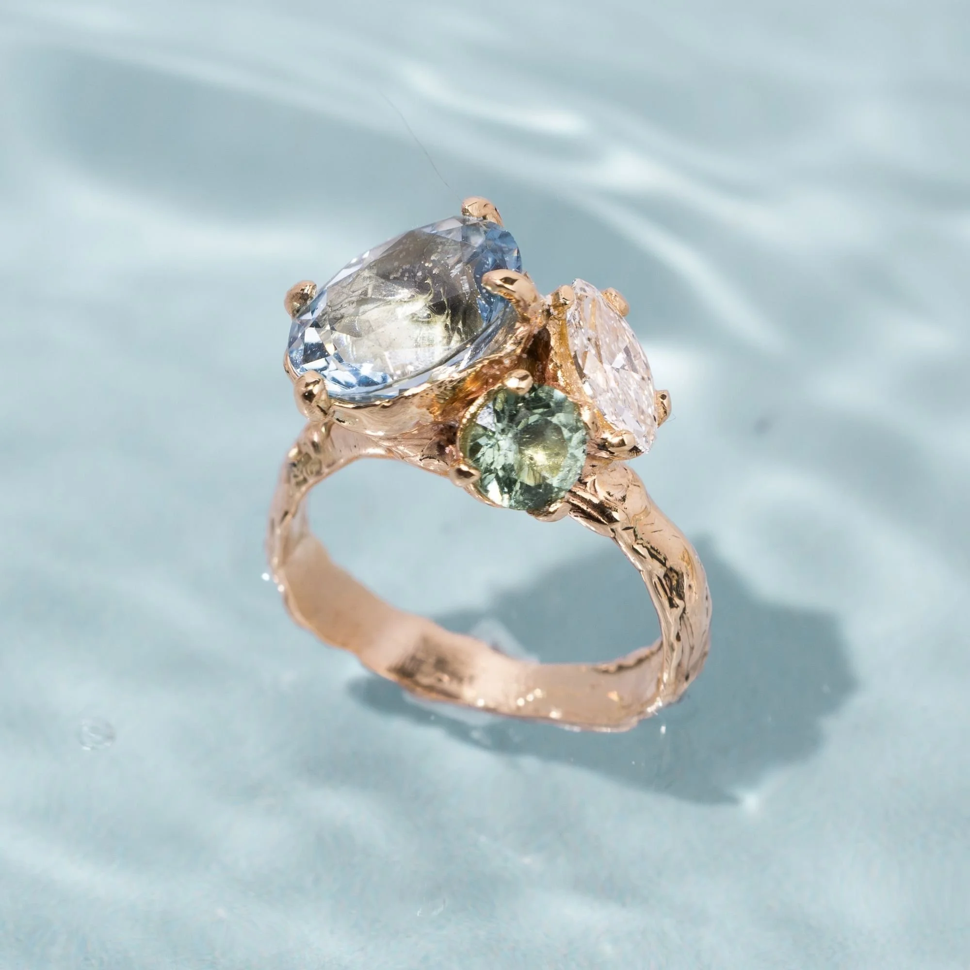 Aquamarine, Lab Diamond & Green Sapphire Gold Ring - 9ct Gold