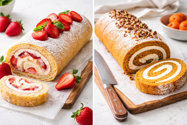 Side-by-side photos of rolled cakes. The first is a strawberry shortcake cake with strawberries and powdered sugar on top, showing a cross-section with strawberries and cream. The second is a carrot cake roll with cream filling, topped with chopped nuts, with a slice cut to display the swirl inside.