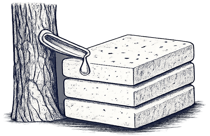 A tree with a saw cut through its trunk, with four stacked sponge-like or soil blocks beside it.