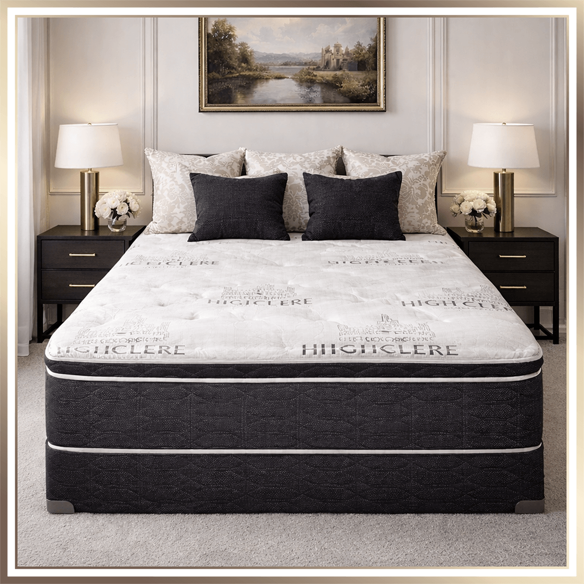 A neatly made bed with white bedding and four decorative pillows, flanked by black nightstands with table lamps and small flower arrangements, in a bedroom with light-colored walls and a landscape painting above the bed.