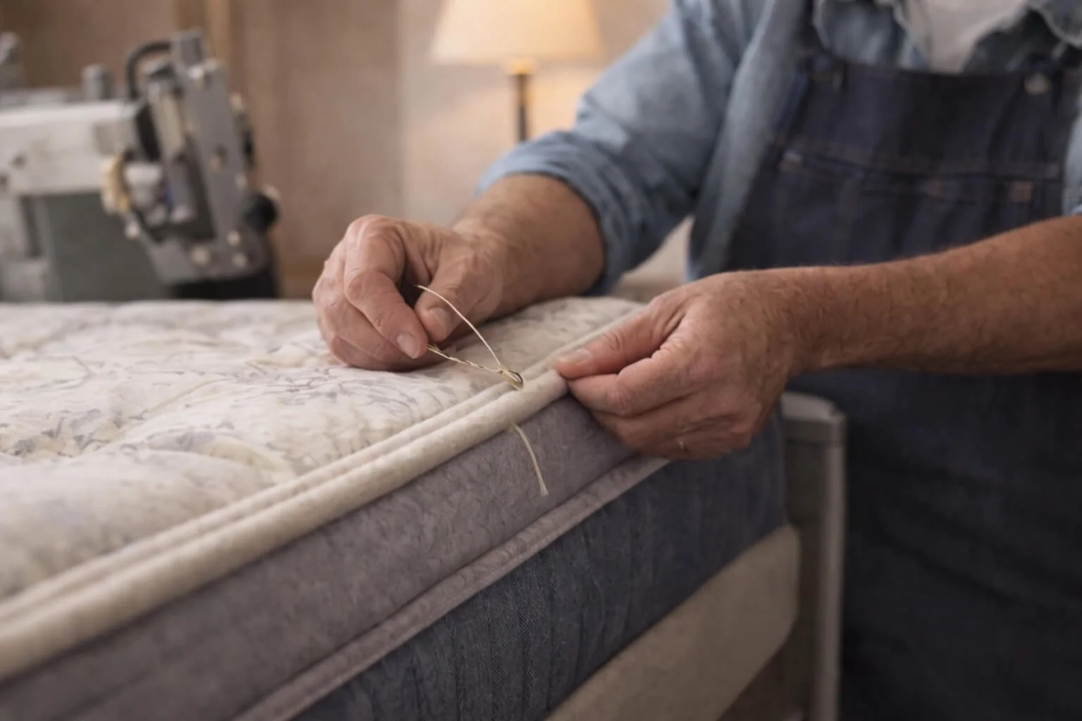 A person sewing a mattress with a needle and thread.