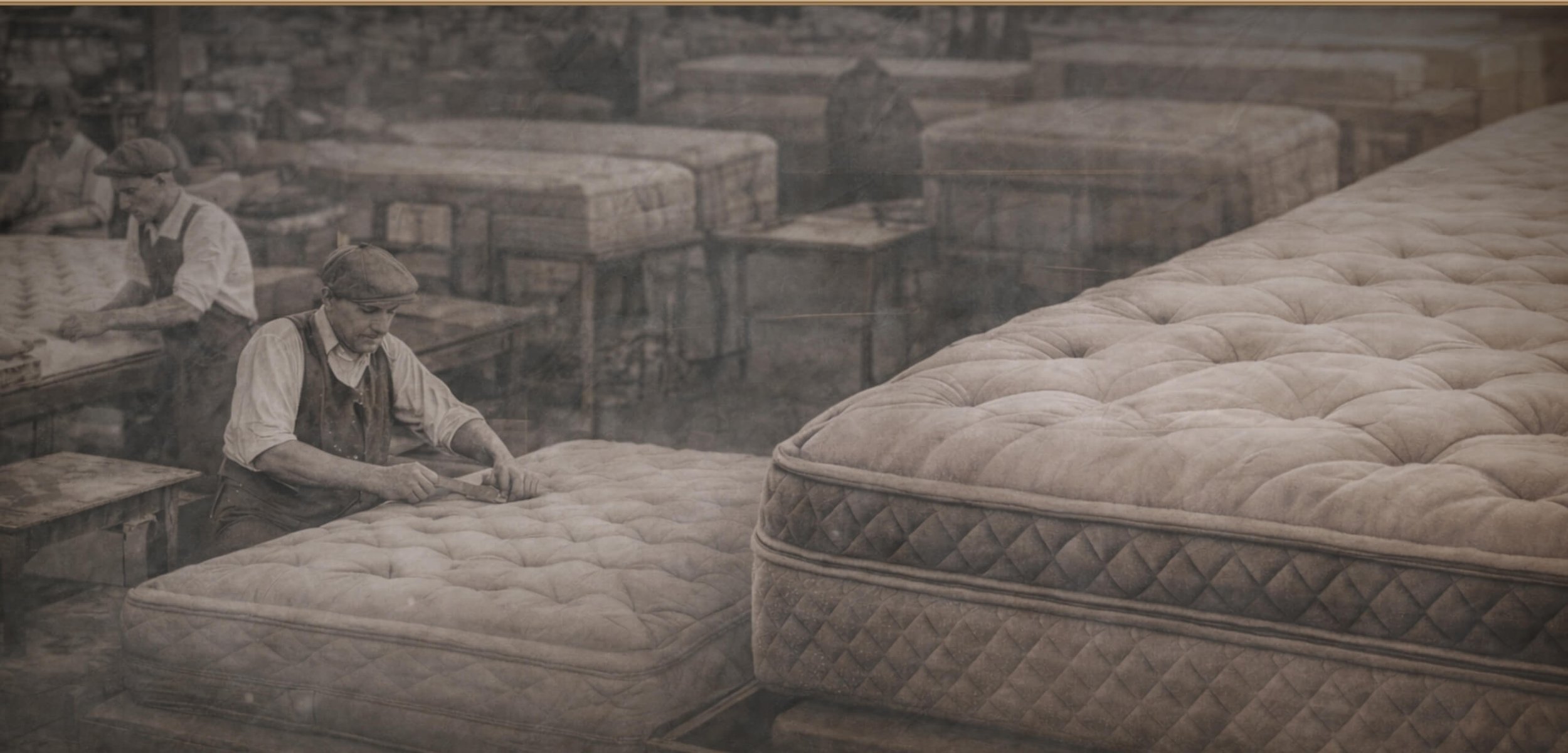 Black and white photo of workers in a mattress factory, assembling or inspecting mattresses.