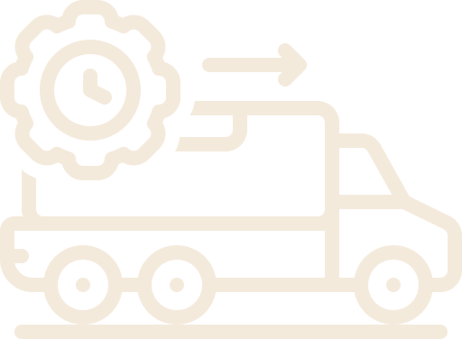 Icon of a delivery truck with a gear and clock symbol indicating fast or scheduled delivery