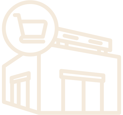 Outline of a retail store with a magnifying glass focusing on a shopping cart icon.