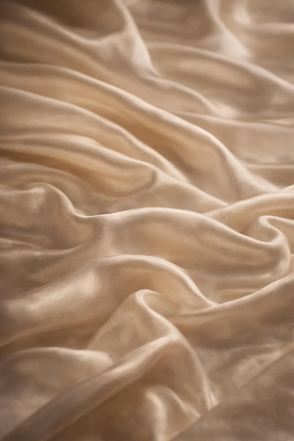 Close-up of beige silky fabric with smooth flowing folds.