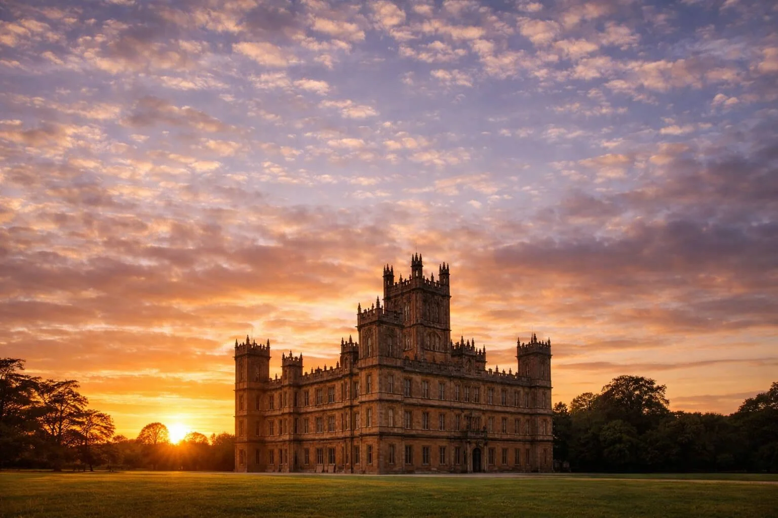 The historic Highclere Castle at sunset with a sunset sky filled with orange and purple clouds.