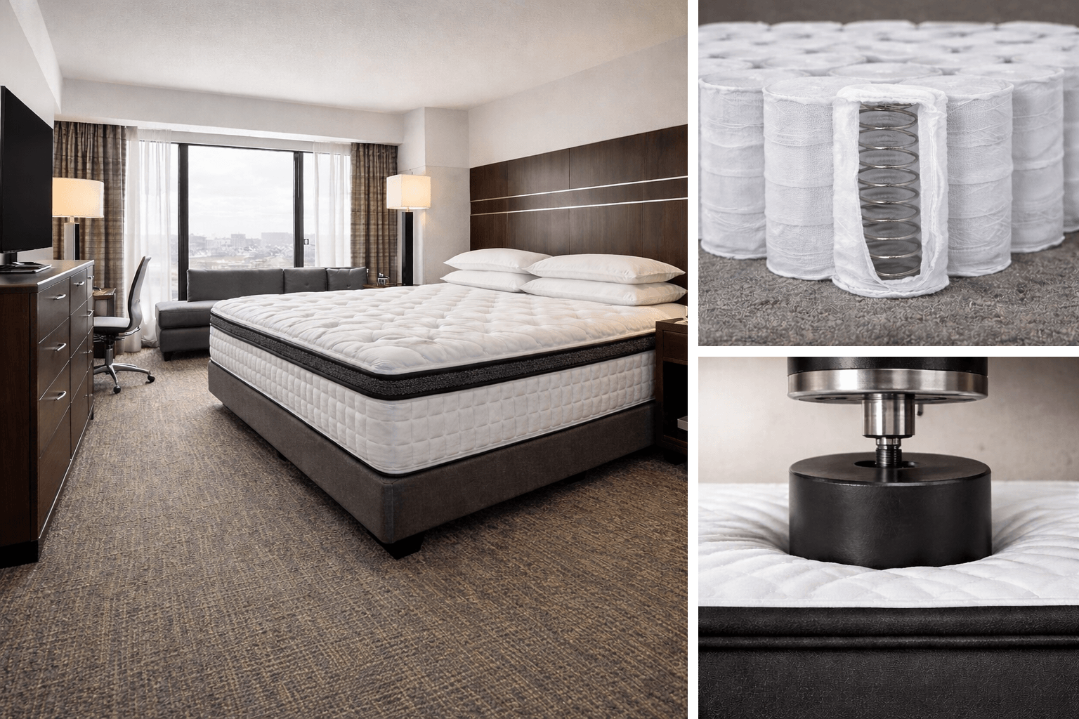 Hotel room with a bed, dresser, TV, and view of city skyline, close-up of a mattress spring, and a bed support component.