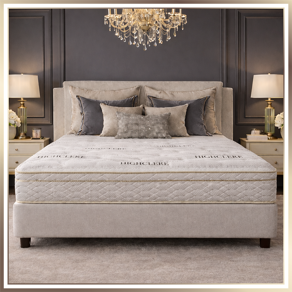 A bedroom with a large bed, multiple decorative pillows, dark paneled walls, nightstands with lamps, and a chandelier hanging from the ceiling.