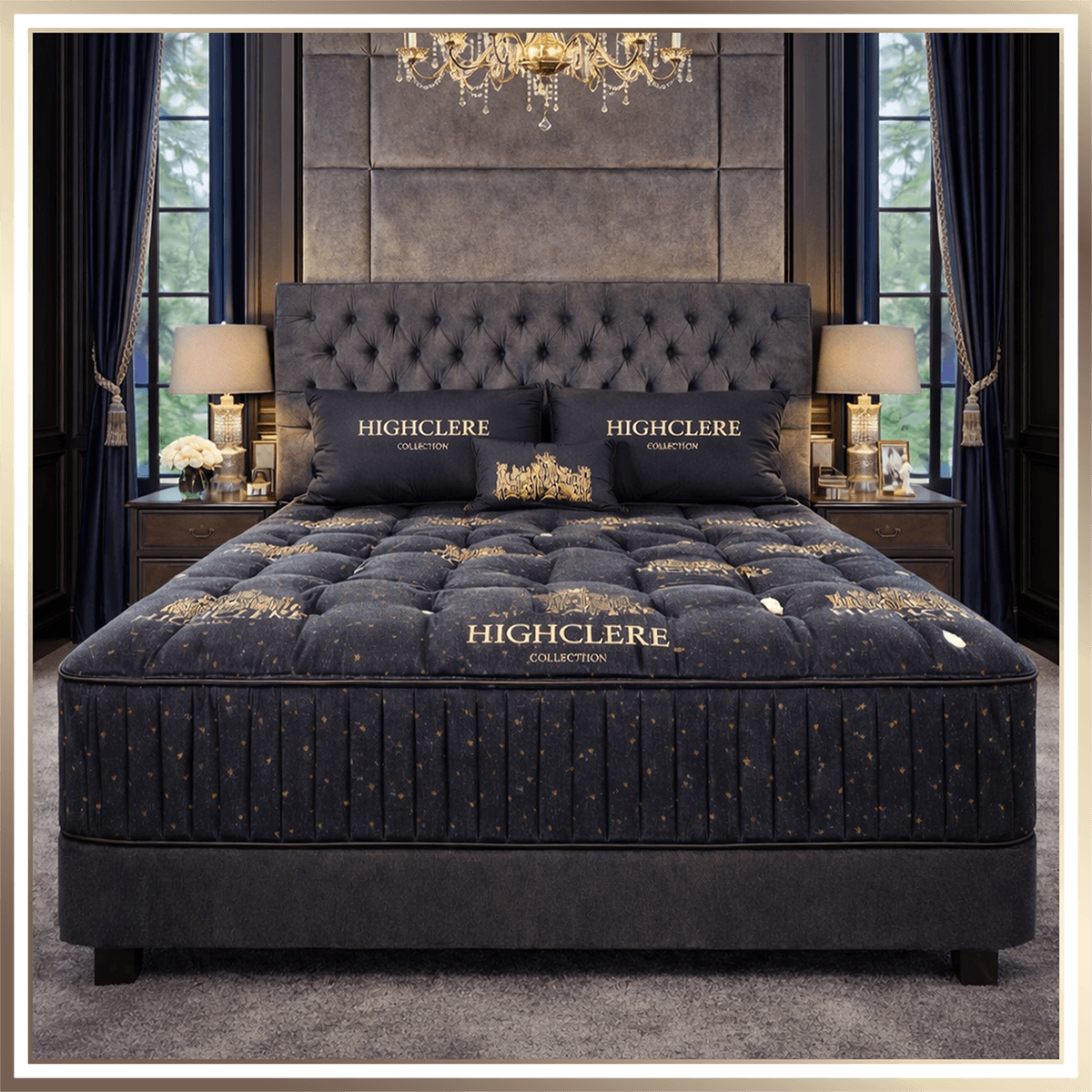 Luxurious bedroom with dark blue and gold accents, tufted headboard, and matching bedding labeled 'Highclere Collection', with nightstands, lamps, and windows with navy curtains.