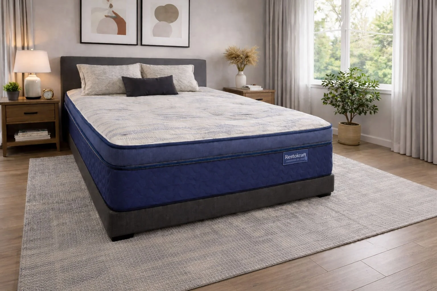 A bedroom with a bed featuring a Restoraft mattress, a gray upholstered headboard, and pillows. Side tables with lamps, a plant, and decorative items are next to windows with curtains, a rug, and wooden flooring.