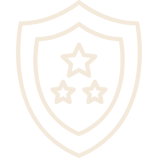 Icon of a shield with three stars inside, one large star at the top and two smaller stars below.