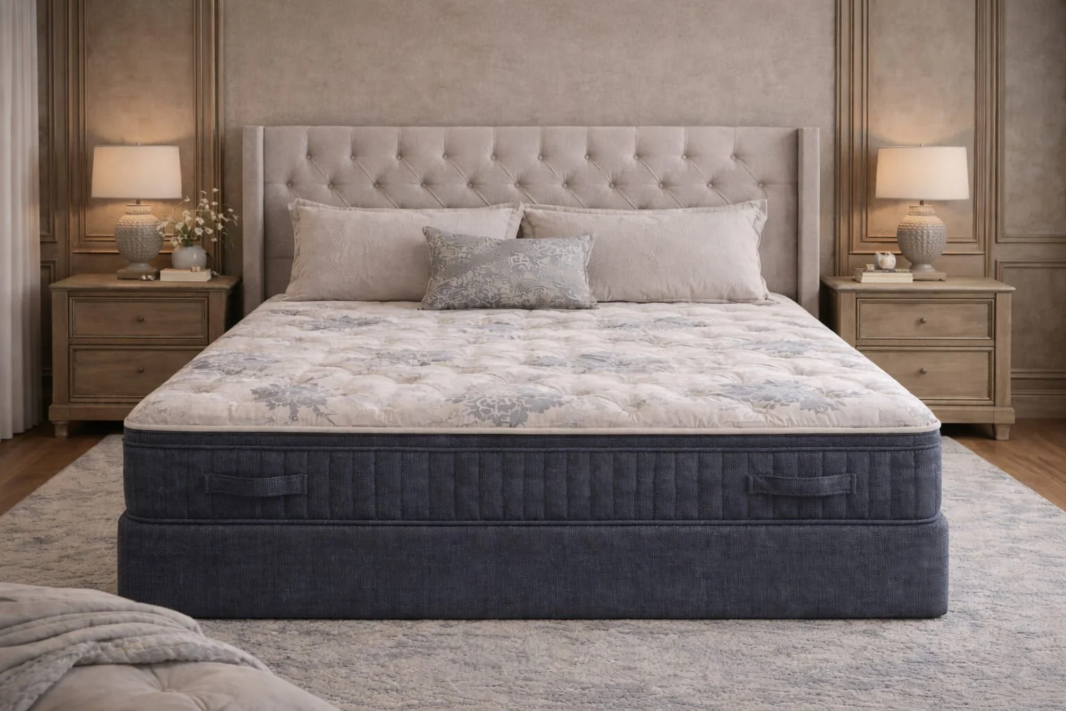A king-sized bed with a tufted beige headboard, light-colored bedding, and a decorative pillow in the center. Two wooden nightstands with lamps, decorative objects, and books flank the bed. The room has beige walls with wooden panel accents, a light-colored rug, and hardwood flooring.