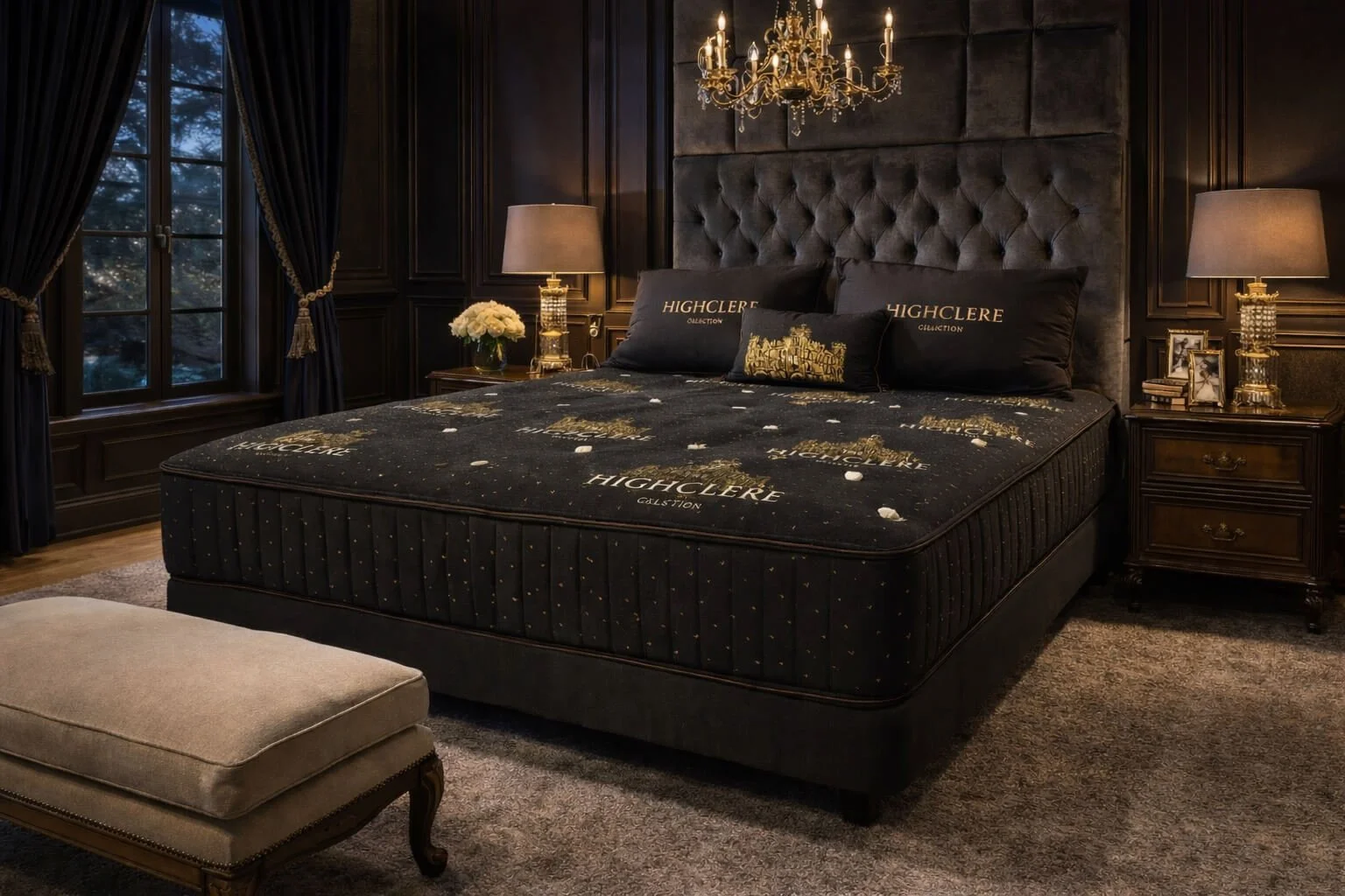 Luxurious bedroom with dark wood paneling, black bed with gold accents, and a chandelier.