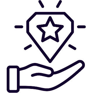 An outline drawing of a hand holding a star inside a diamond shape, with rays emanating from the diamond.