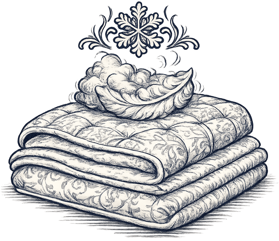 Stacked folded blankets with a decorative leaf and flower design, topped with a plush pillow in a sketch style.