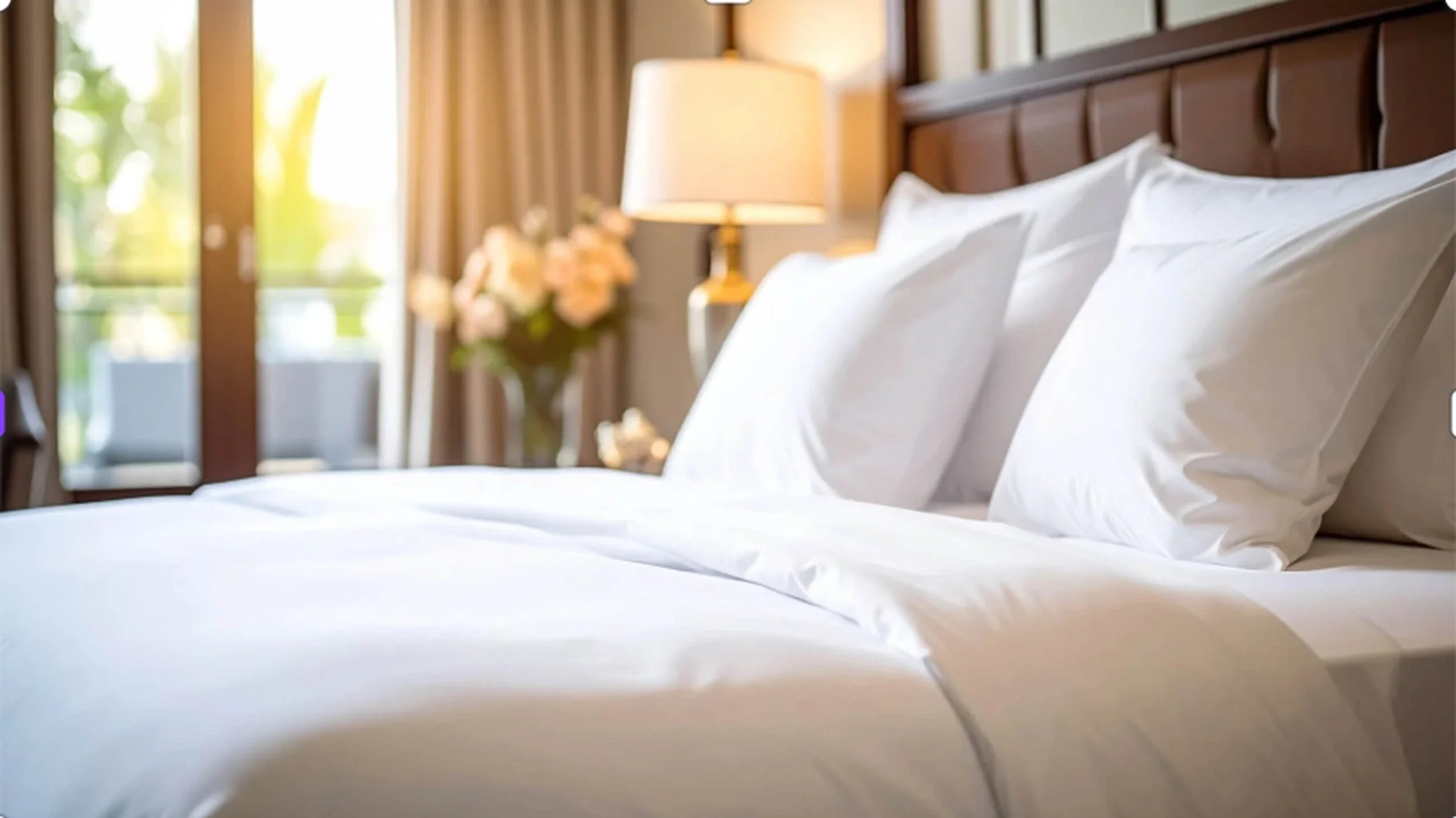 Close-up of a neatly made bed with white linens and pillows in a bright, sunlit bedroom, with a bedside table and lamp, and a window with curtains in the background.