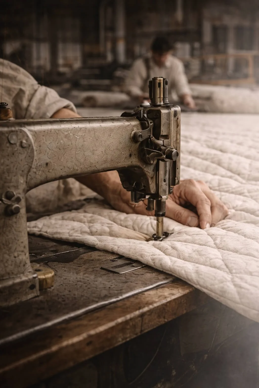 Close-up of an industrial sewing machine stitching a quilted fabric in a workshop, with a worker in the background.