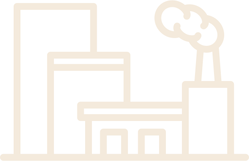 Line drawing of factory buildings with smokestack emitting smoke.