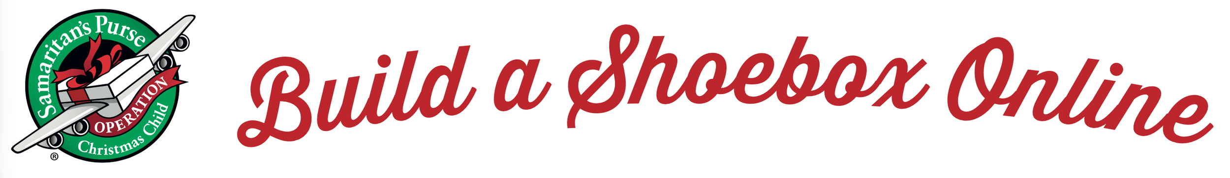 Logo for Samaritan's Purse Operation Christmas Child with an airplane and a gift box, alongside the text 'Build a Shoebox Online' in red script.