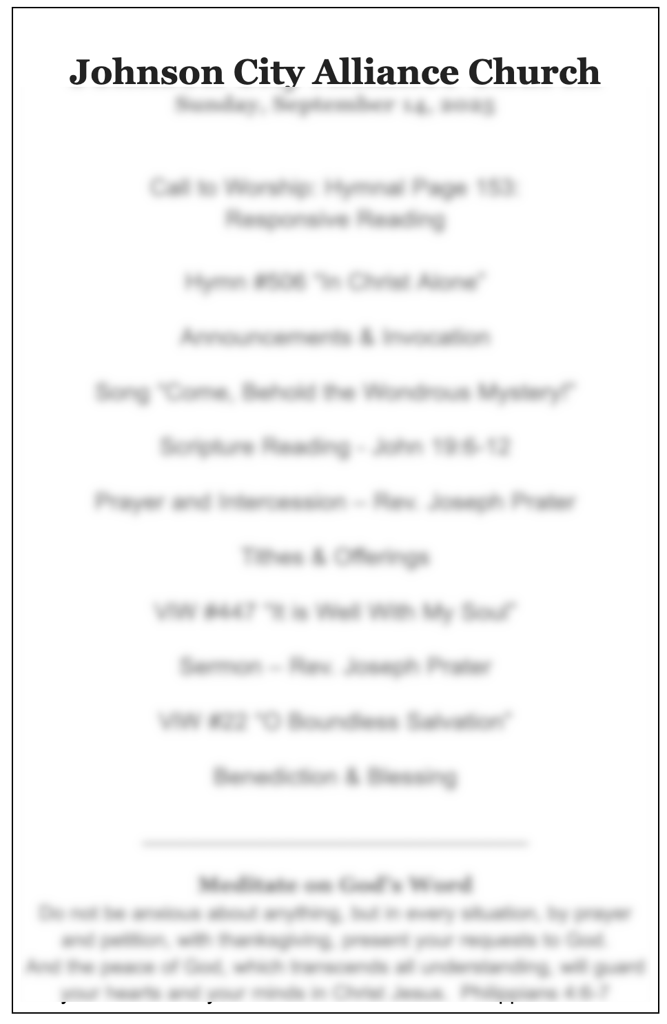 Church bulletin or flyer for Johnson City Alliance Church, with service schedule, sermon title, and worship details.