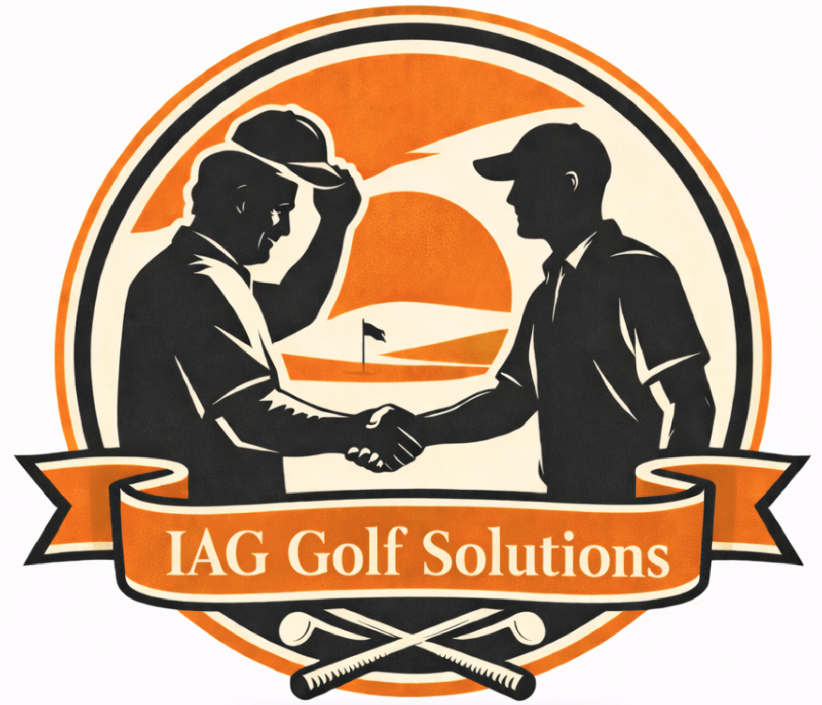 A logo featuring two silhouettes of men shaking hands, one in a cap and the other in a hat, with an orange sun and golf course in the background. The text 'IAG Golf Solutions' appears on a ribbon below the silhouettes, with two crossed golf clubs beneath.