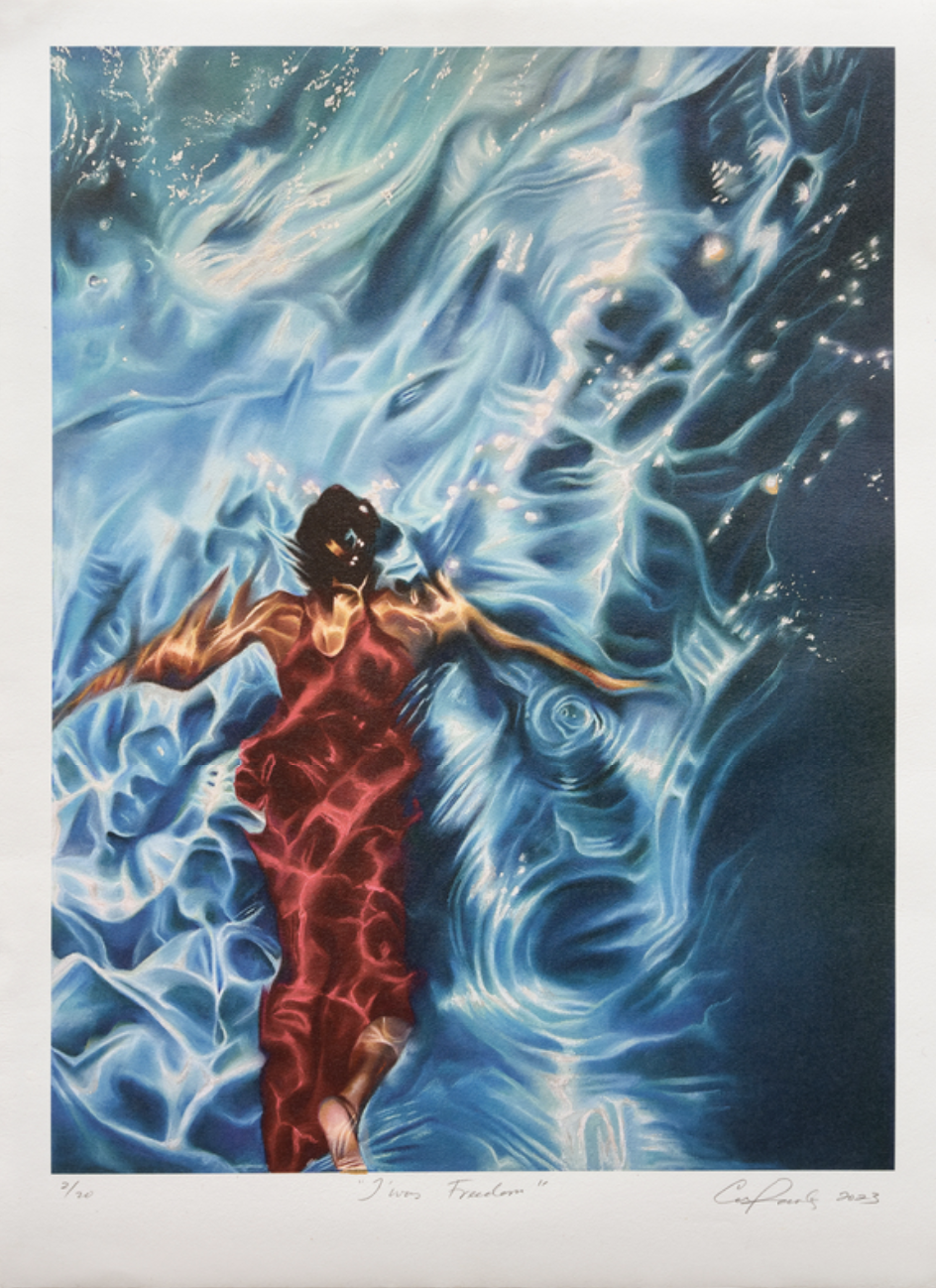 A painting titled "Lives Freedom" depicting a woman in a flowing red dress floating in water with a large translucent face in the background, illuminated by swirling blue and white light.