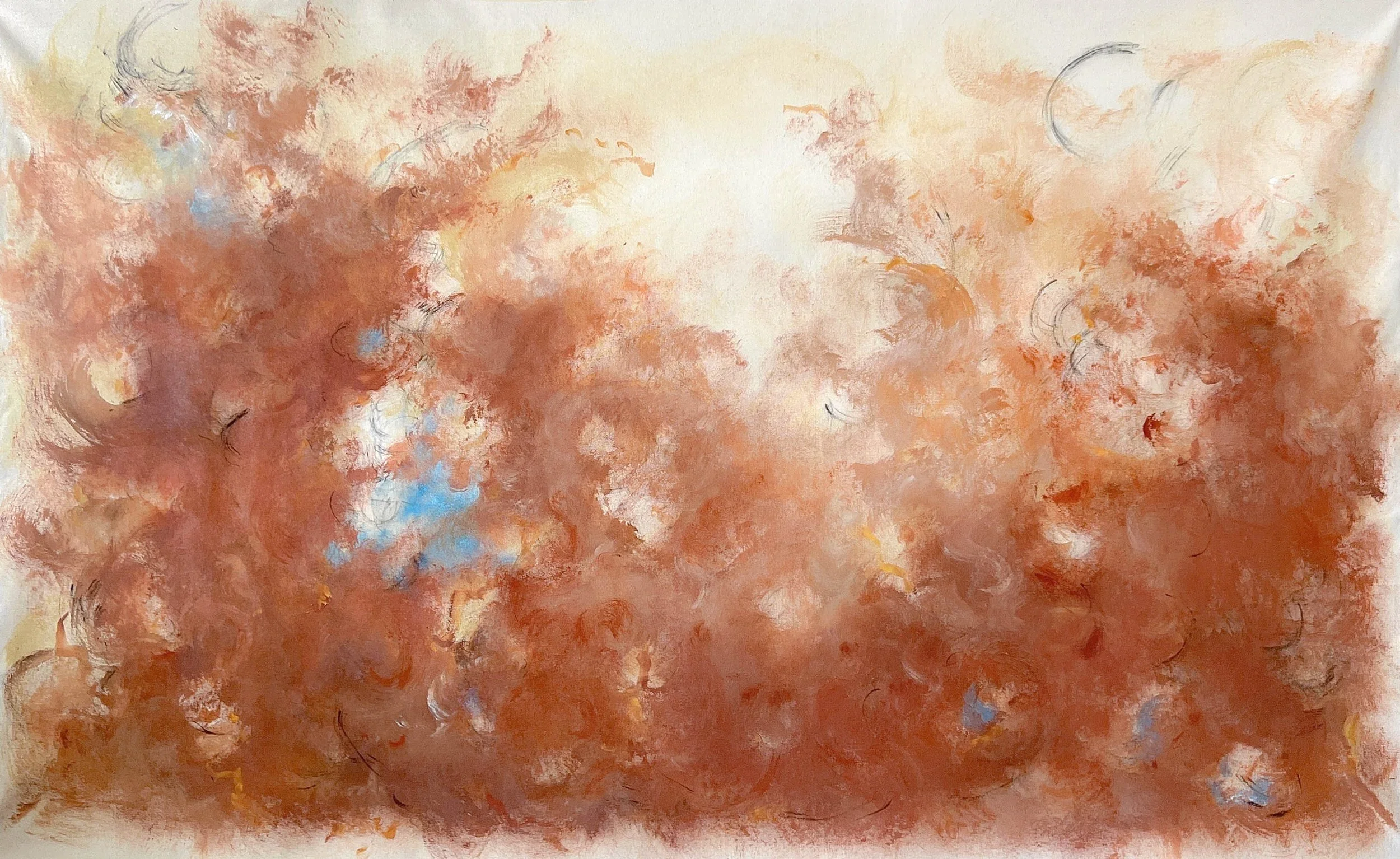 Abstract painting with warm tones of orange, red, and yellow, with hints of blue and black brushstrokes.
