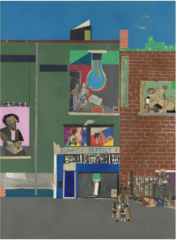 A colorful mural depicting scenes of African American history and culture, including figures, a church, and symbolic imagery.