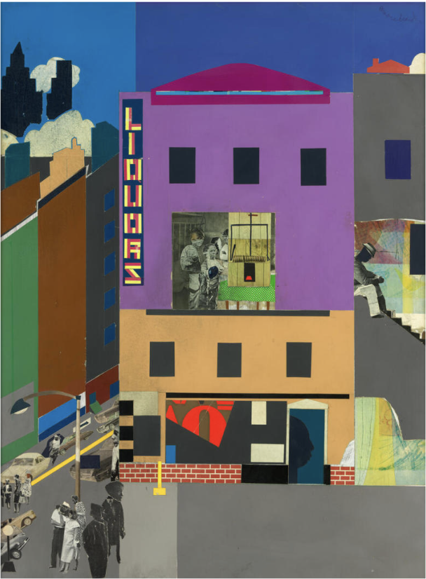 A colorful painting of a city scene with buildings, people, and a theater with a neon sign that says 'THEATER'. The buildings are painted in vibrant colors such as purple, orange, green, and blue. There are people walking on the street and sitting on stairs.