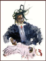 Woman with dreadlocks wearing a dark jacket and a white shirt, sitting at a table with a pink cloth and a red object, holding a pen or brush.