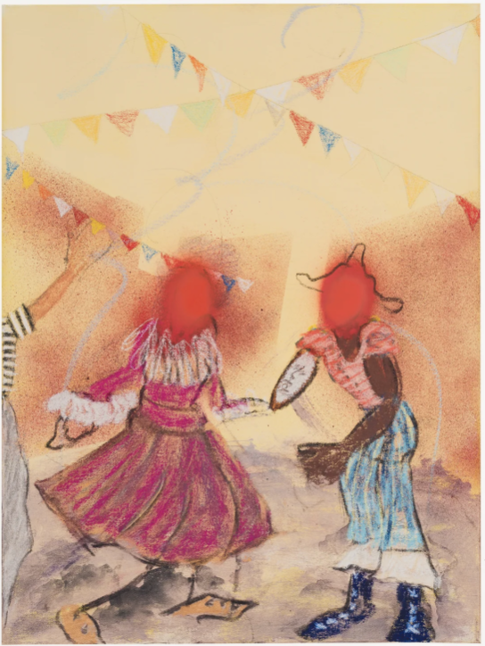 Two children with blurred faces dancing at a party, decorated with colorful pennant banners, in a warm-colored room.