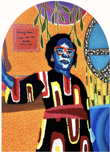 Colorful portrait of a woman with dark skin, wearing red glasses, earrings, and a patterned dress, standing in front of a vibrant orange wall with hanging plants, a framed note, and a blue and black circular window.
