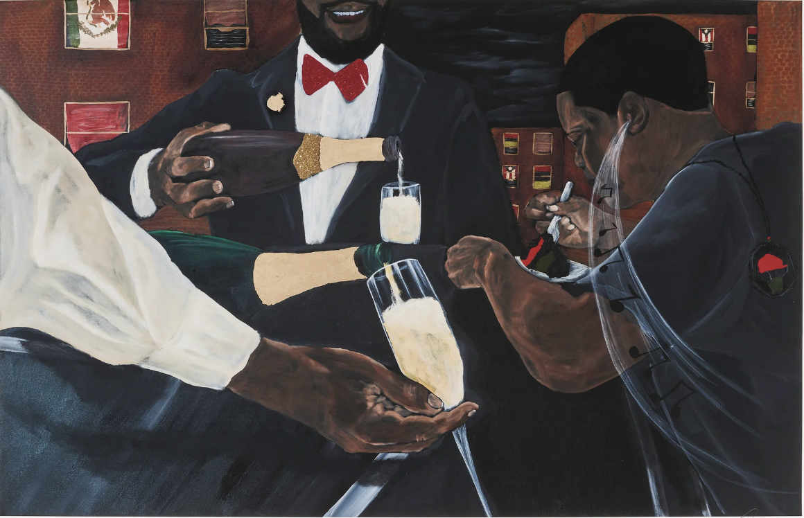 A painting of three people celebrating with champagne in a social setting. One person is pouring champagne, and another is holding a fork and eating. The background features red brick walls and framed pictures.
