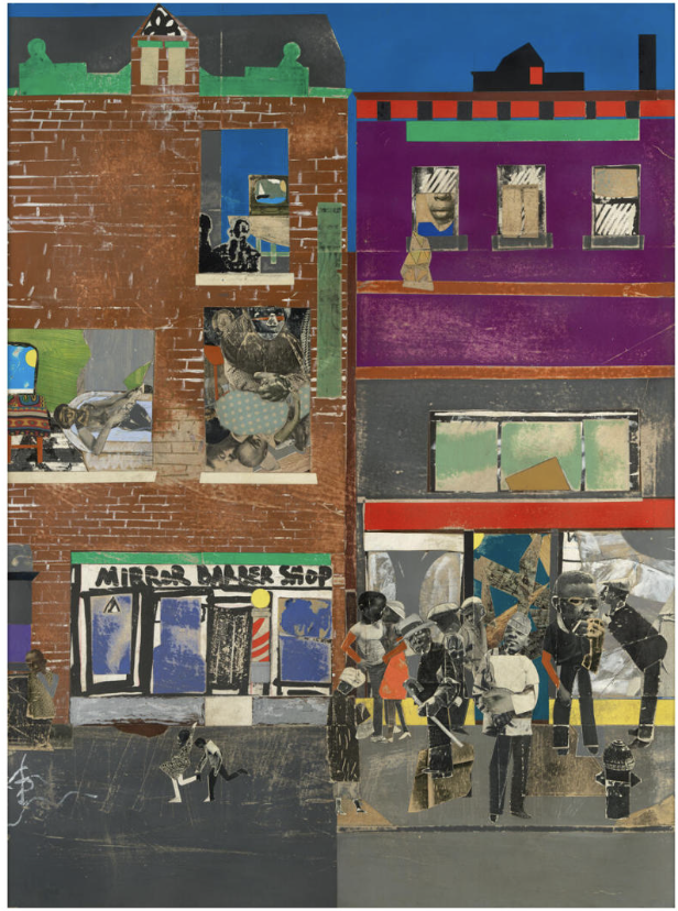 Colorful street scene with a brick building featuring mirrors and a baker shop, with people walking and gathering outside, depicted in a collage-style urban setting.