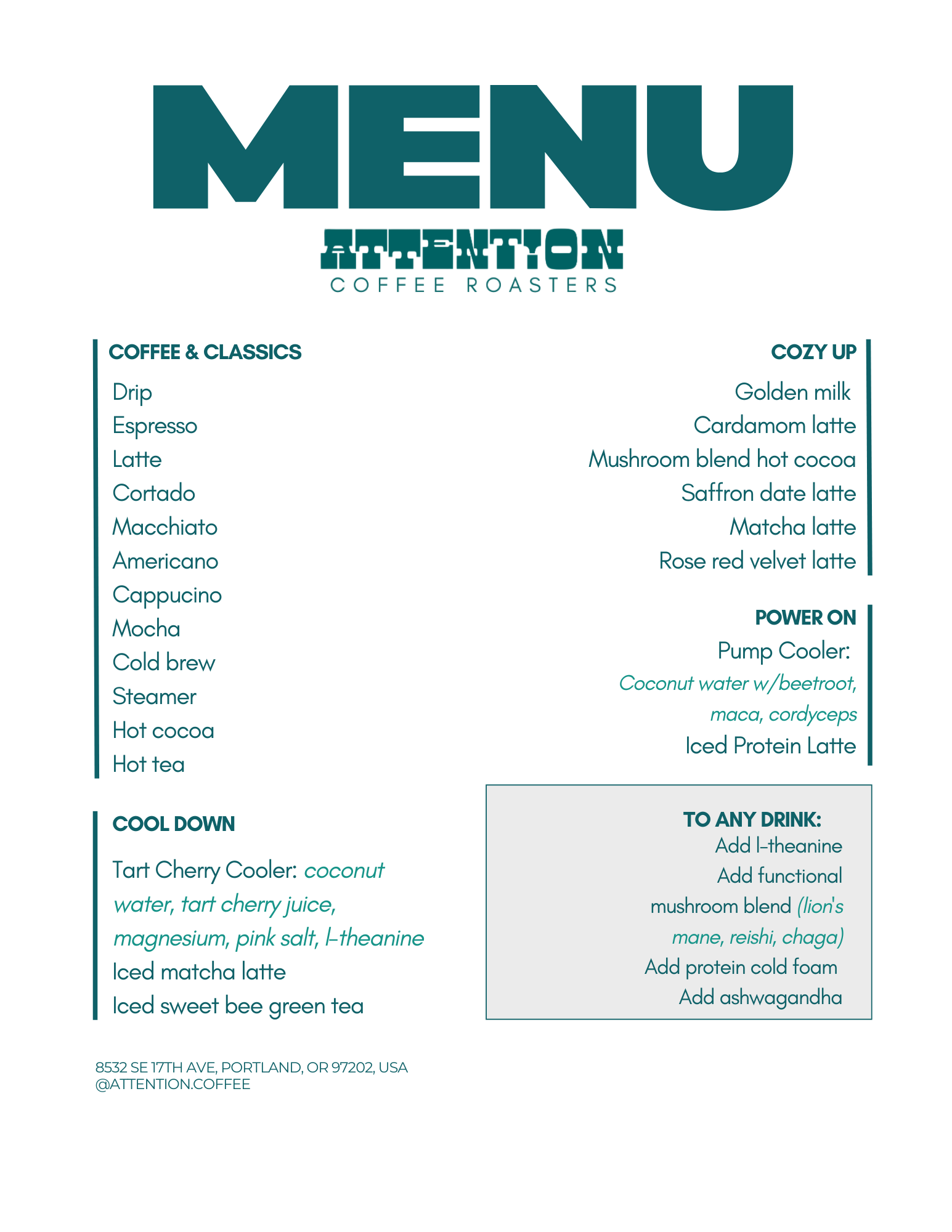 Cafe menu for Attention Coffee