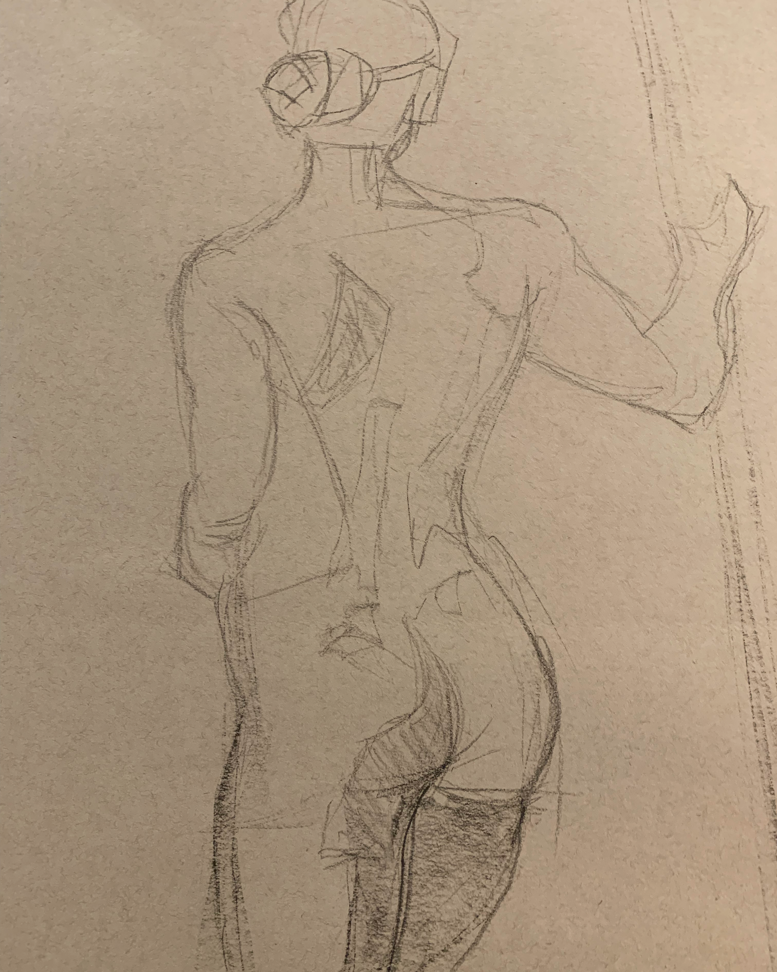 Sketch of a humanoid figure, front view, with a mask over the eyes, standing with one arm bent and the other at the side.