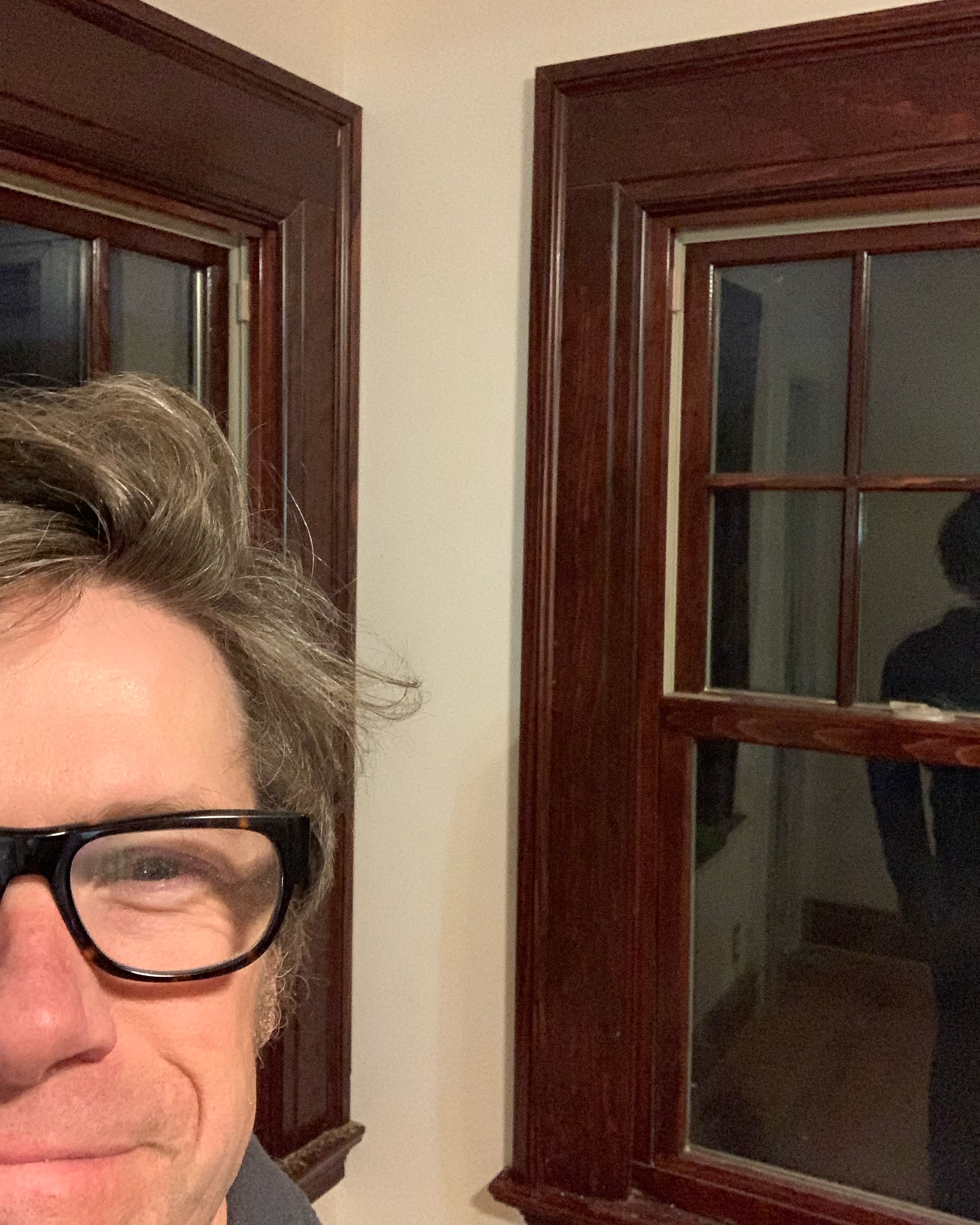 Part of a person's face with glasses, with a background of two wooden-framed windows in a room.