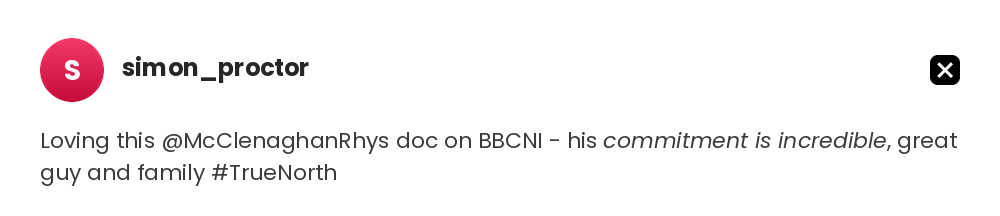 Loving this @McClenaghanRhys doc on BBCNI - his committment is incredible, great guy and family #TrueNorth @simon_proctor on X