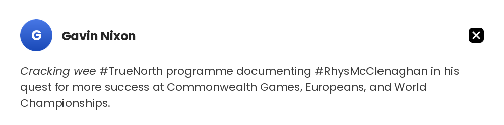 Cracking wee #TrueNorth programme documenting #RhysMcClenaghan in his quest for more success at Commonwealth Games, Europeans, and World Championships. Gavin Nixon on X
