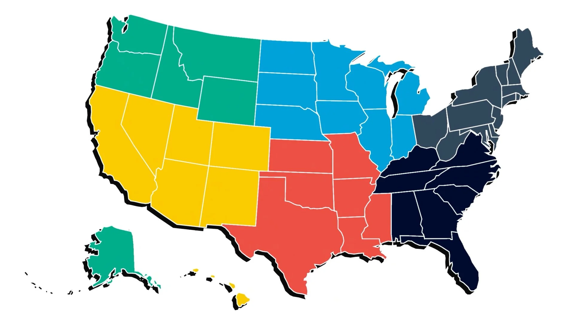 Color-coded map of the United States showing different regions in various colors.